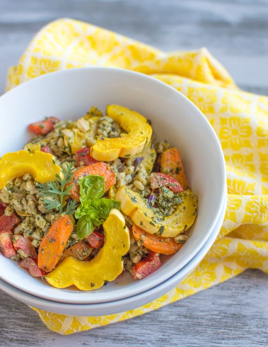 Farro Bowl with Roasted Vegetables & Carrot Top Pesto