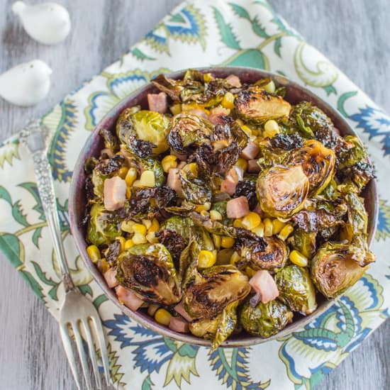 Brussels Sprouts with Ham & Corn 