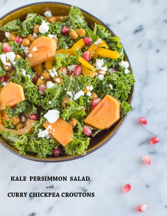 Kale Persimmon Salad with Curry Chickpea Croutons | webserie.futebolmilionario.com