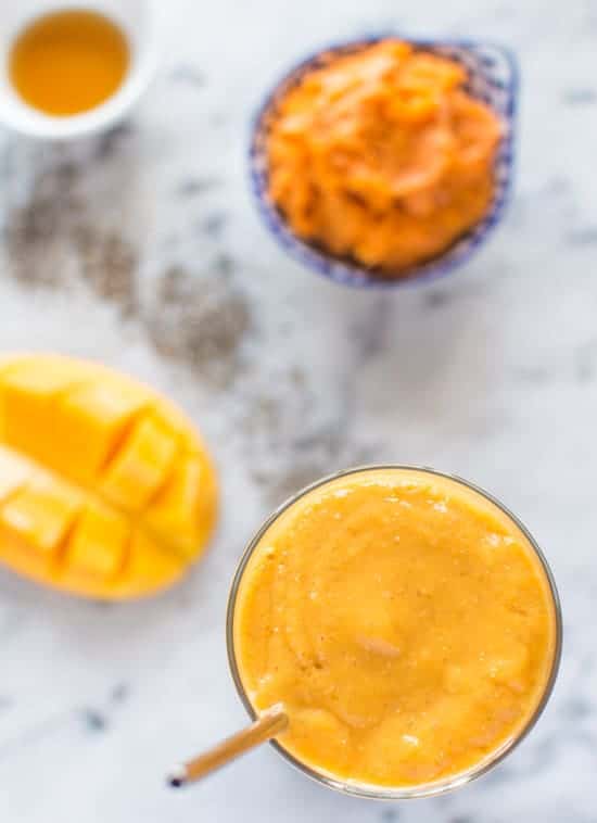 This super nutritious Sweet Potato Mango Smoothie is packed with Vitamin A and perfect for breakfast!