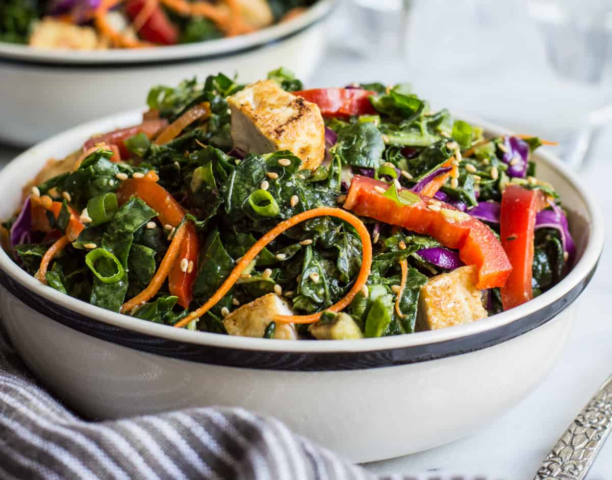 Kale Salad with Fried Tofu and Miso Ginger Dressing - an easy vegan salad with asian flavors

