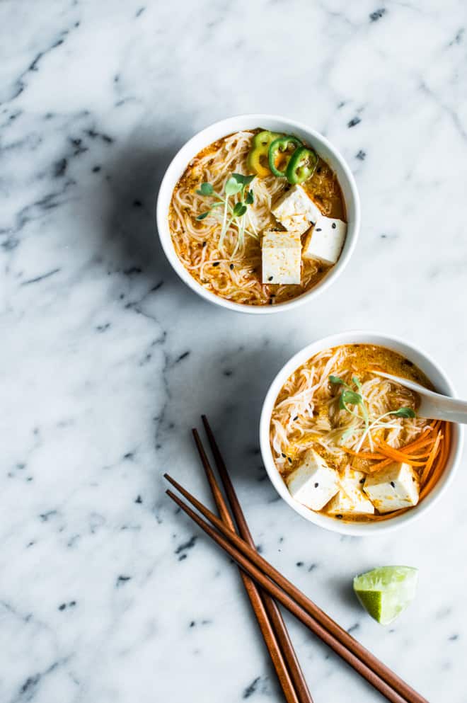 Curry Laksa with Tofu - a delicious, gluten-free dish to keep you warm in the winter! by Lisa Lin of Healthy Nibbles & Bits