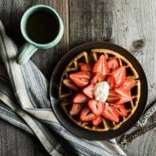 Gluten-Free Strawberries and Cream Oat Flour Waffles - these waffles are paired with a homemade kahlua whipped cream that you make in a jar! (video tutorial) by @healthynibs