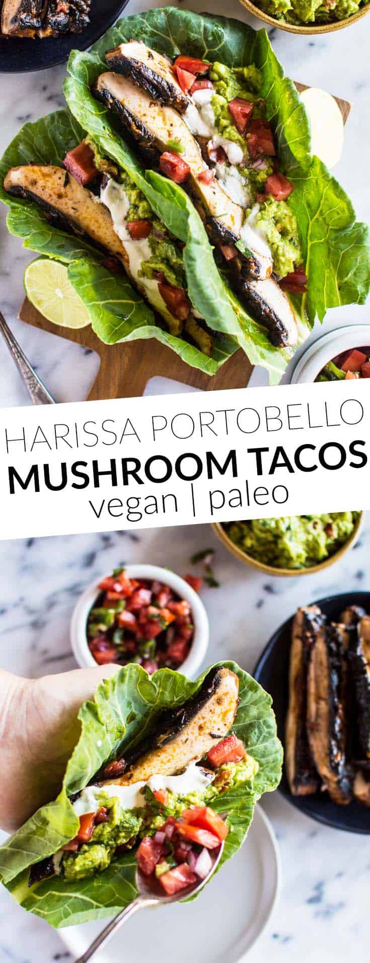 Harissa Portobello Mushroom Tacos - lighten up your tacos with collard greens! These tacos are ready in under 30 minutes! vegan, gluten-free, paleo, whole30-friendly. by @healthynibs
