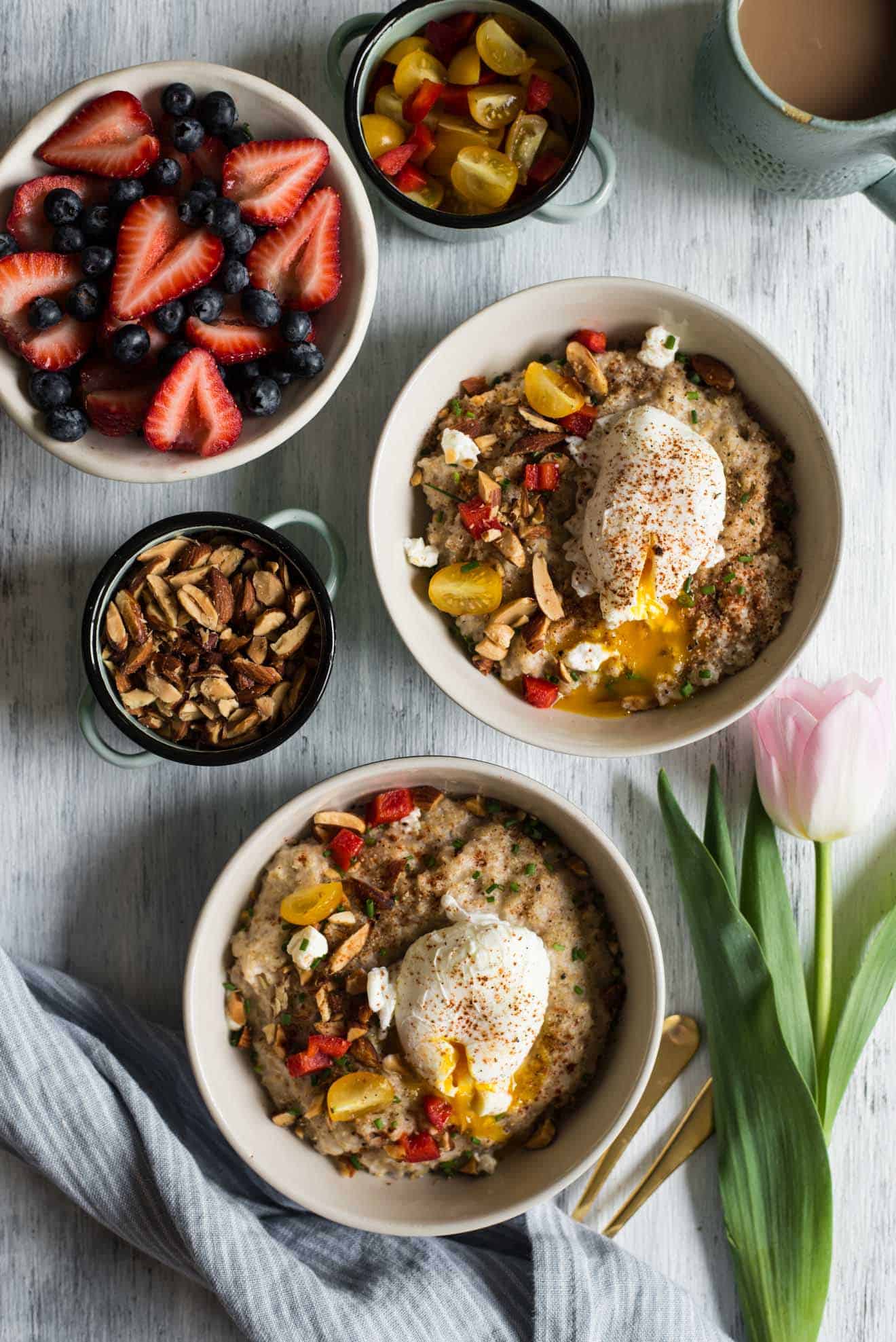 Savory Oatmeal with Poached Egg and Roasted Almonds - easy, filling and healthy breakfast to jump-start your day. 