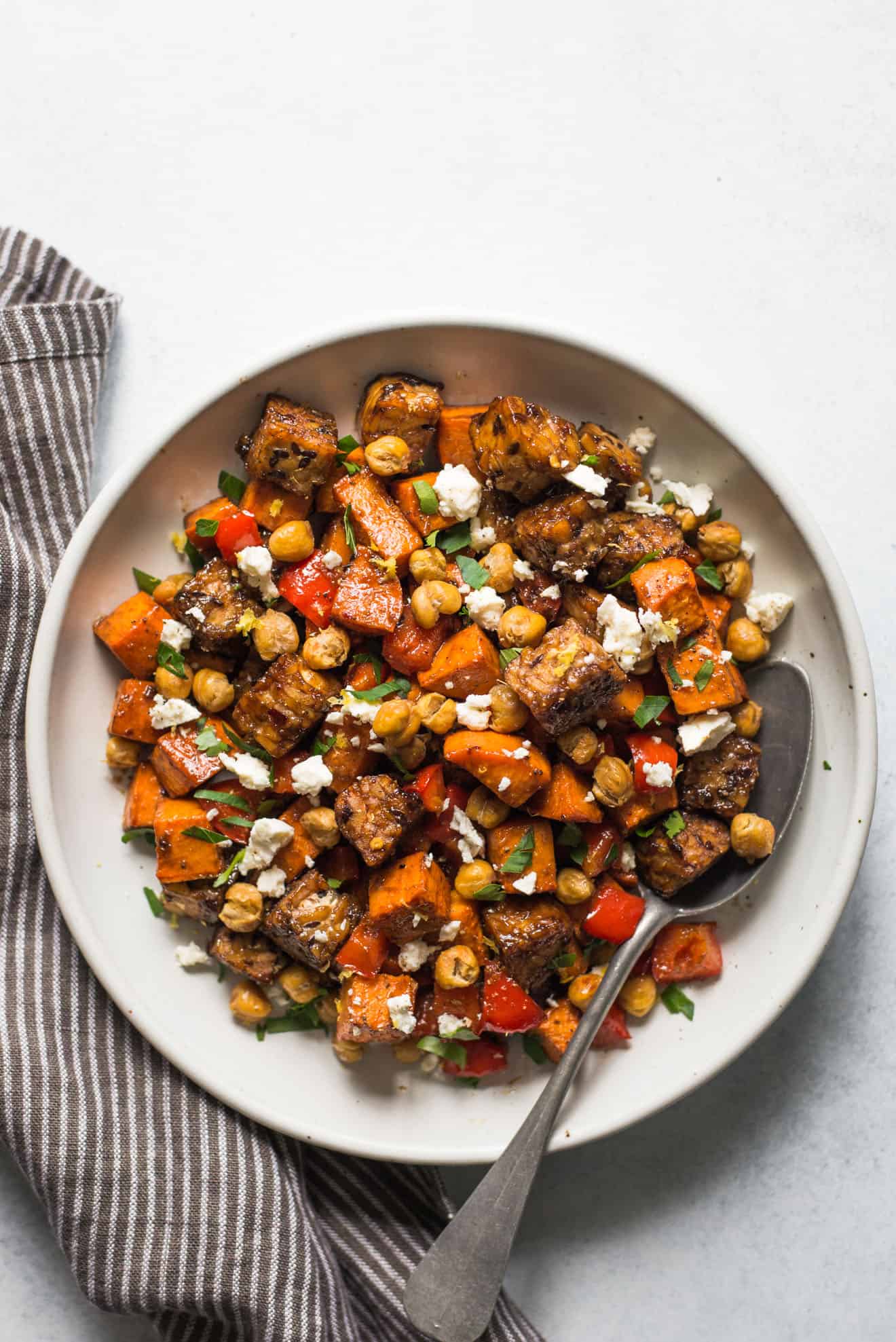 Baked Tempeh with Tamarind Glaze, Sweet Potatoes and Roasted Chickpeas - an easy, healthy sheet pan dinner that's great for weeknights!