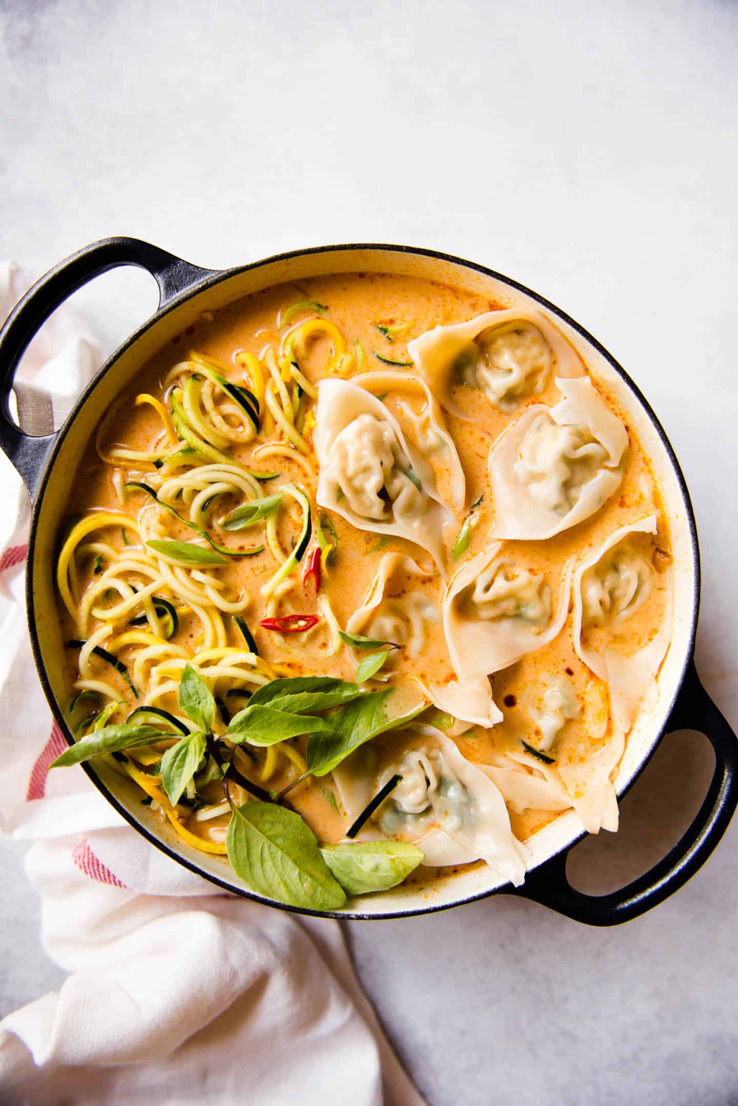 Red Curry Wonton Soup with Zucchini Noodles (Vegetarian)