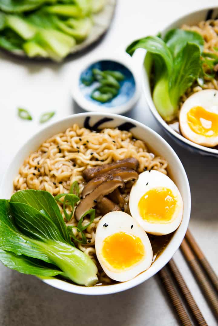 Easy Vegetarian Ramen Recipe - ramen noodles cooked in a flavorful umami broth made with mushrooms and kombu. Top it with a ramen egg!