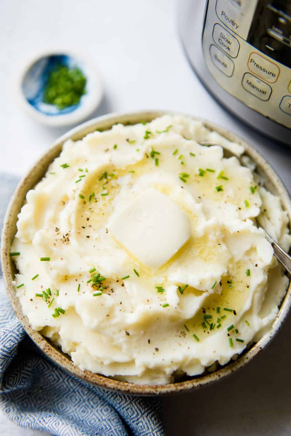 Mashed Potatoes with Instant Pot in background