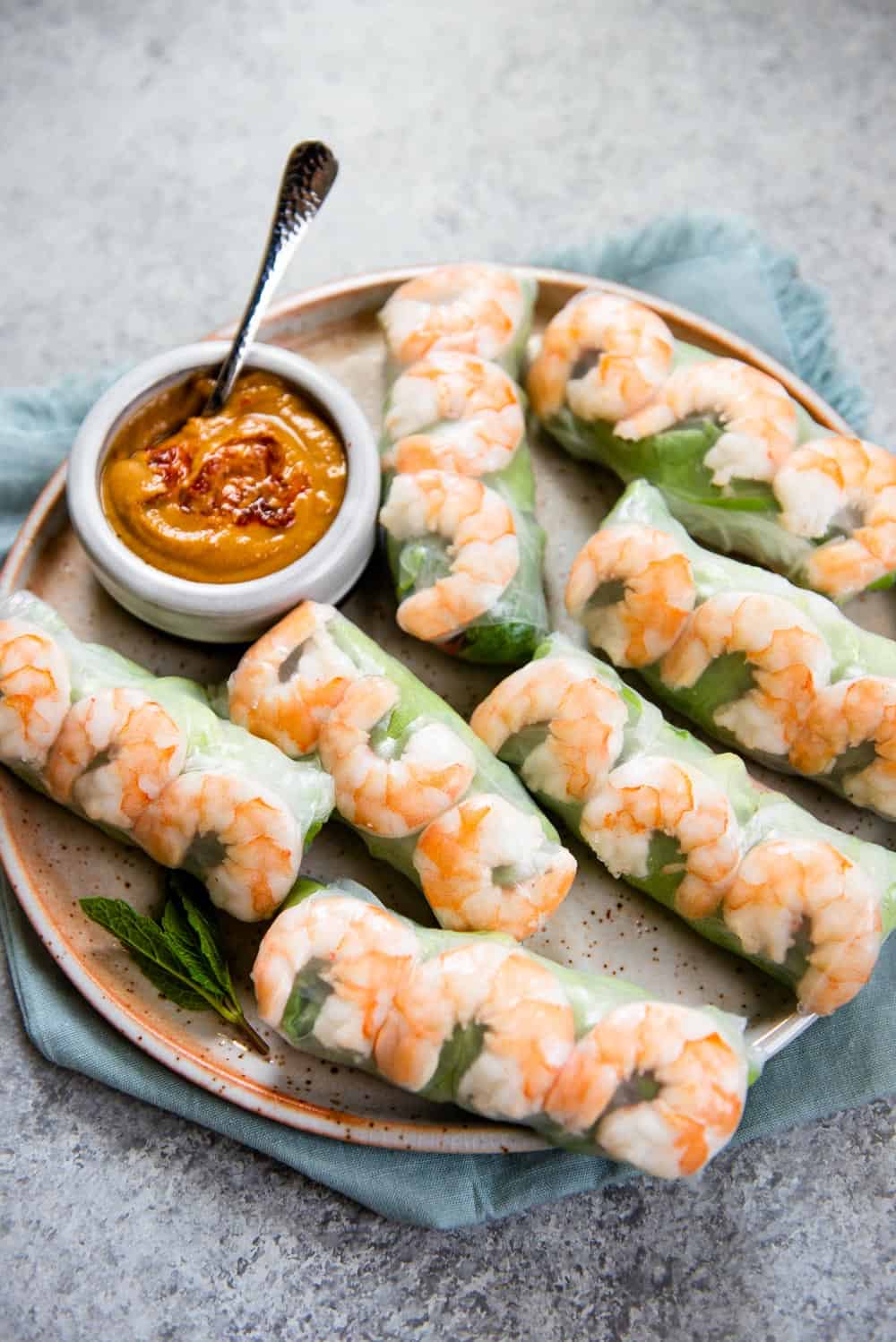 Fresh Vietnamese Spring Rolls with Shrimp, vegetables and peanut sauce