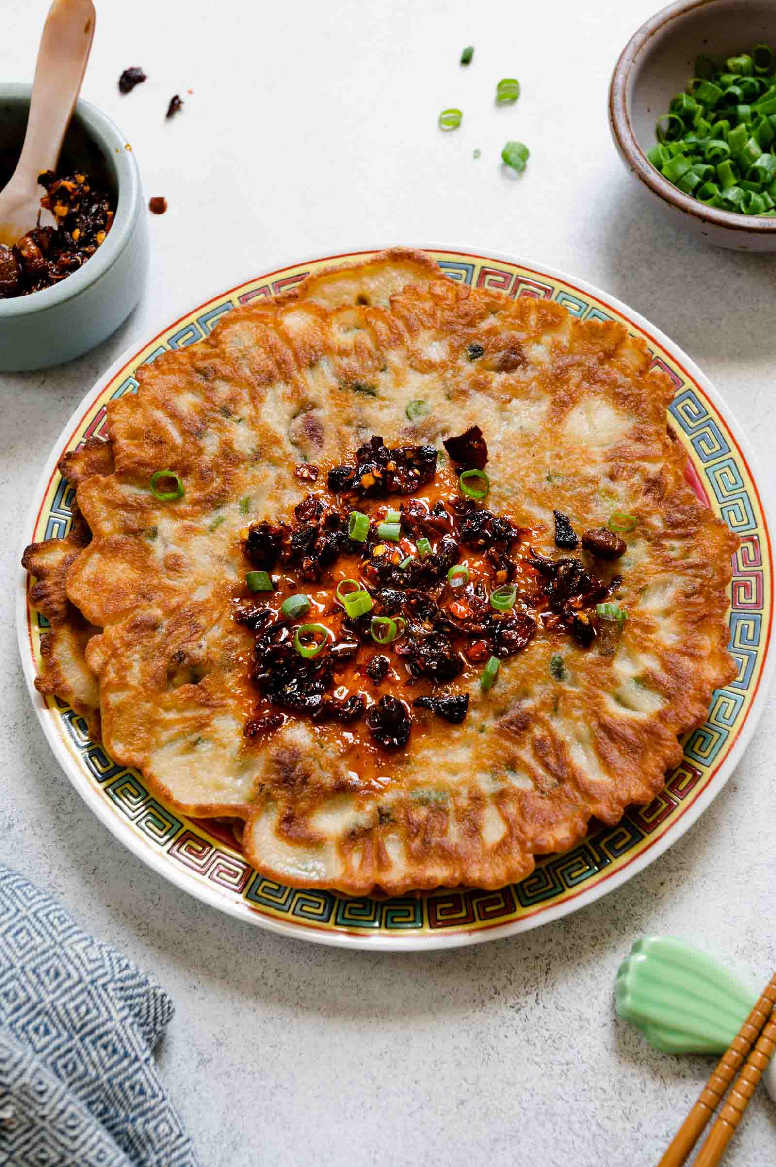 Mama Lin's Savory Chinese Pancakes with Lao Gan Ma chili crisp on top.