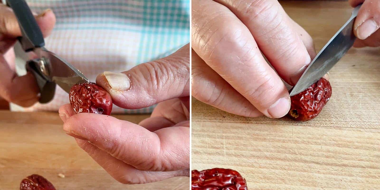 Cutting open red dates with scissors and knife