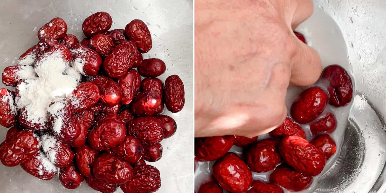Rinsing Red Dates with salt and flour
